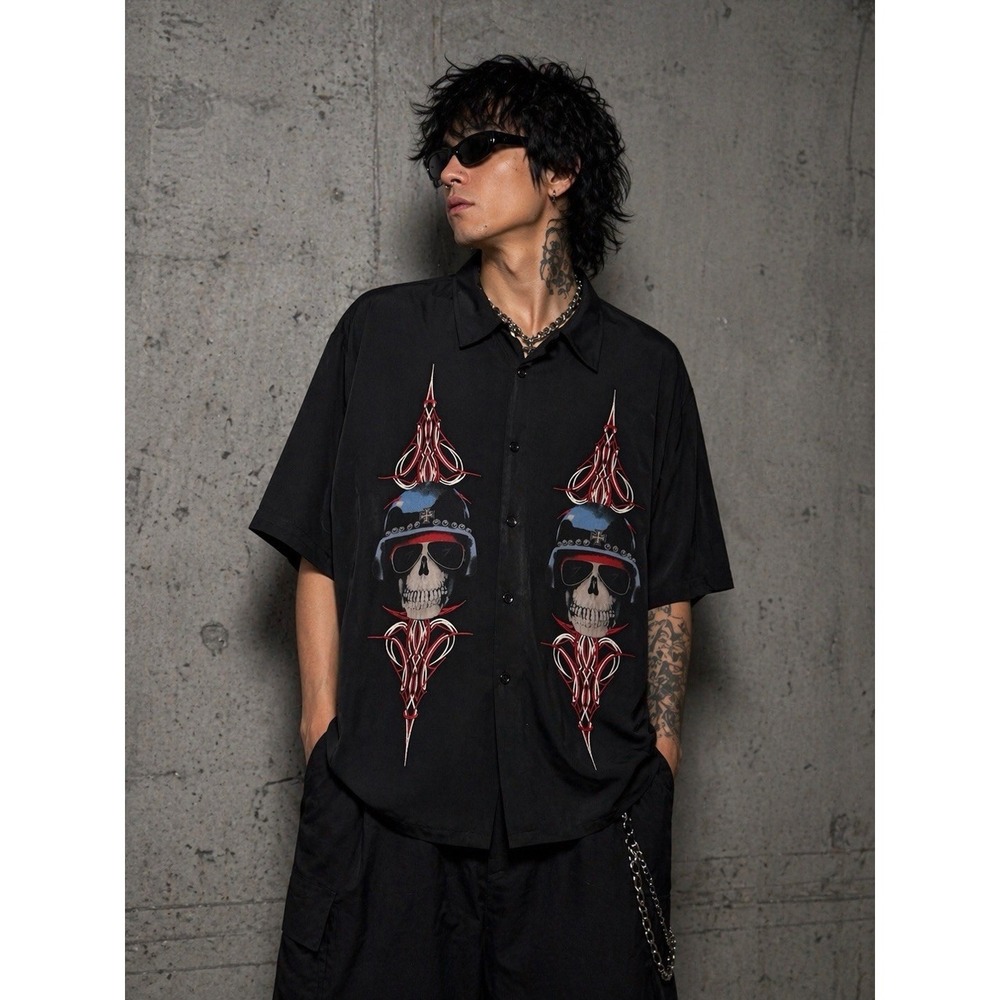Rockhouse Roadhouse Skull Button Up Shirt 2XL Black Biker Y2K Embroidered Gothic